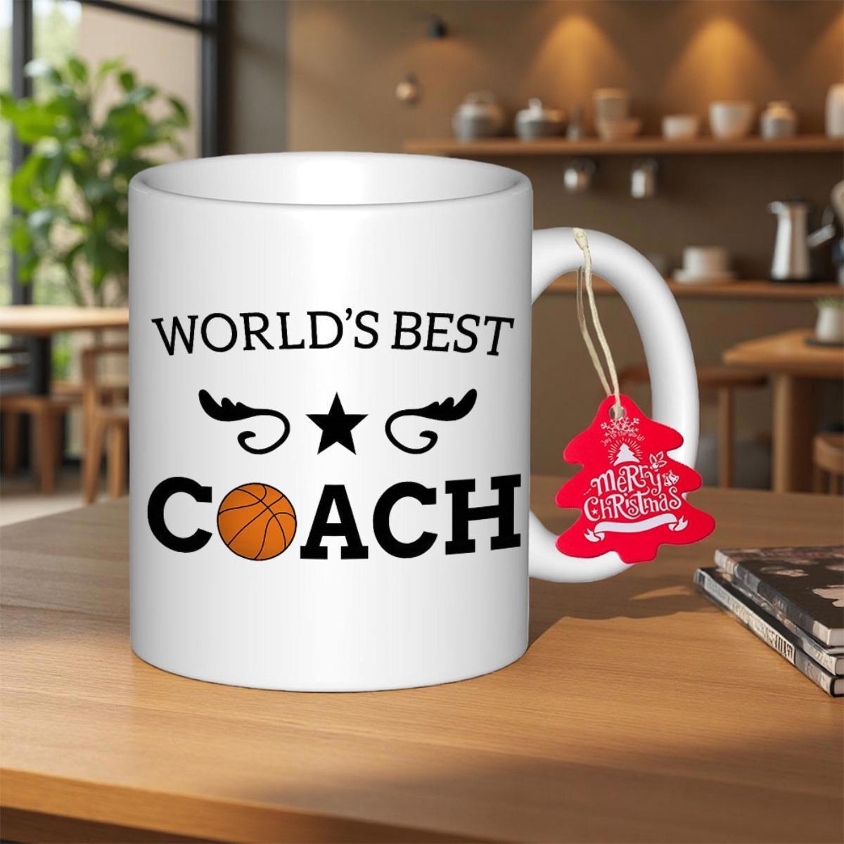 Tailorly White Ceramic 11 oz Mug - World's Best Coach Elegant Sporty Typography With Star And Decorative Flourishes Featuring A Basketball