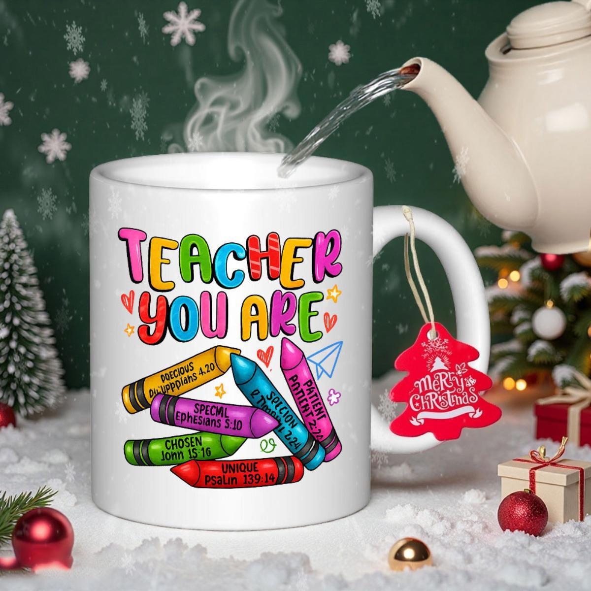 Tailorly White Ceramic 11 oz Mug - Teacher You Are Vibrant Colorful Crayons Scattered Beneath Playful Rainbow Letters For Educator Appreciation Crayon
