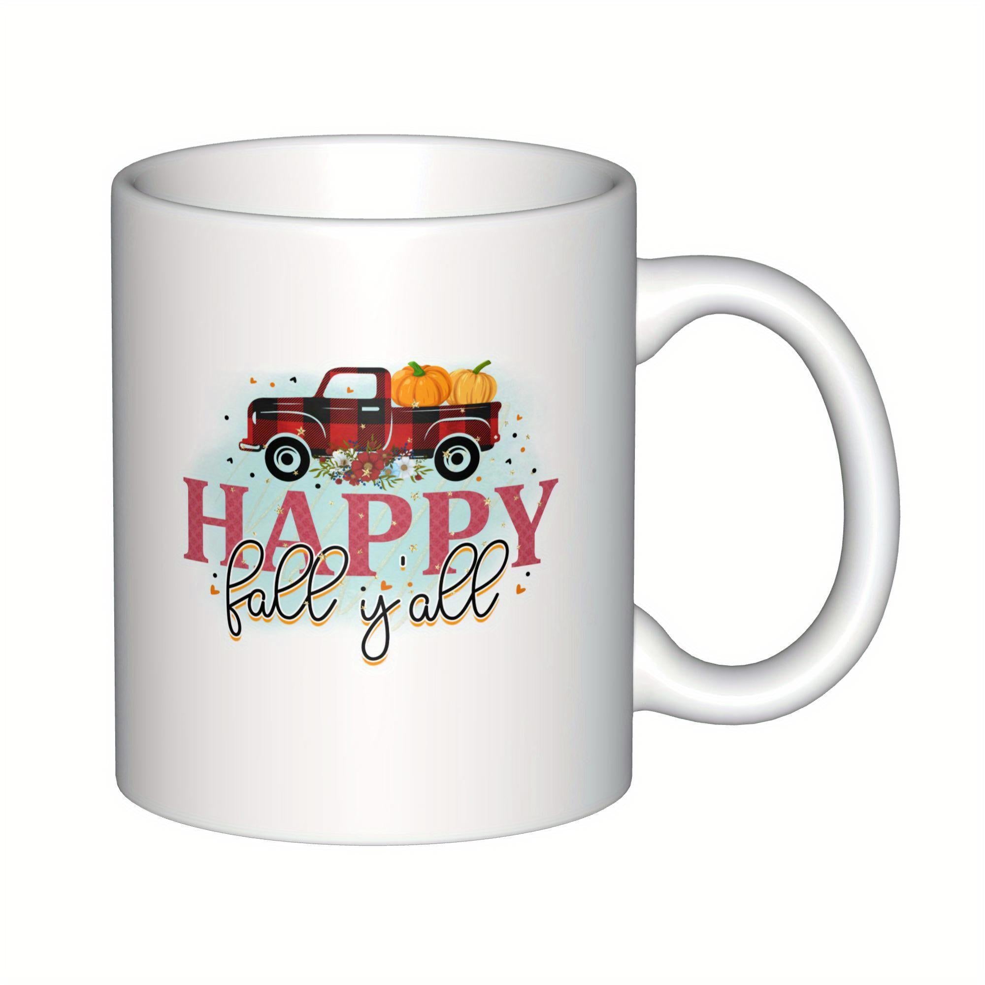Tailorly White Ceramic 11 oz Mug - Happy Fall Yall Vintage Red Pickup Carrying Large Orange Pumpkins For Autumn Harvest Truck