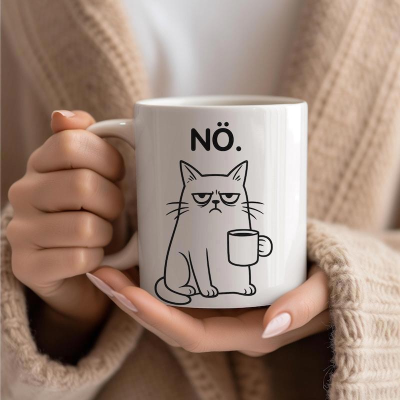 Tailorly White Ceramic 11 oz Mug - Minimalist Grumpy Sitting Pet With Coffee Under Sarcastic Mood Cat