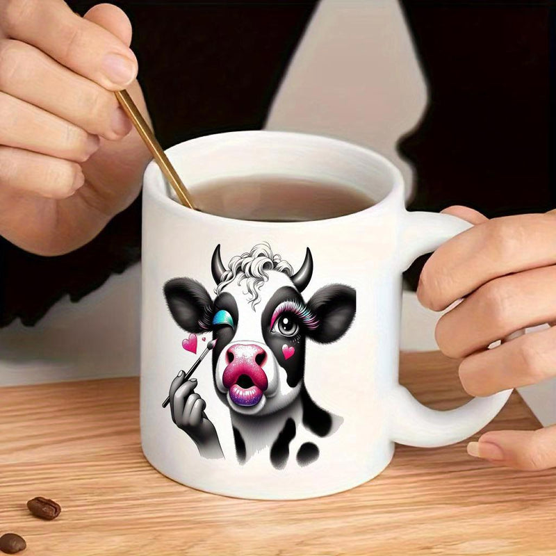 Tailorly White Ceramic 11 oz Mug - Funny Personified Farm Animal Applying Makeup With Pink Pouting Lips Cow