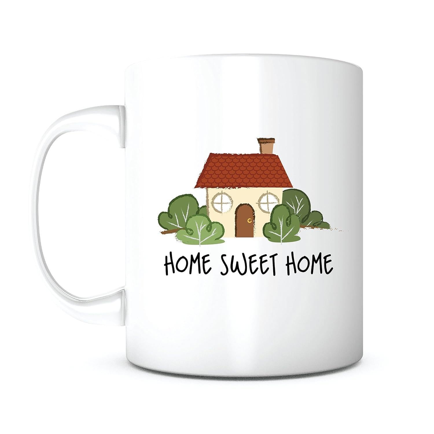 Tailorly White Ceramic 11 oz Mug - Home Sweet Home Cozy Little Cottage With Red Roof Nestled Among Green Lush Bushes House