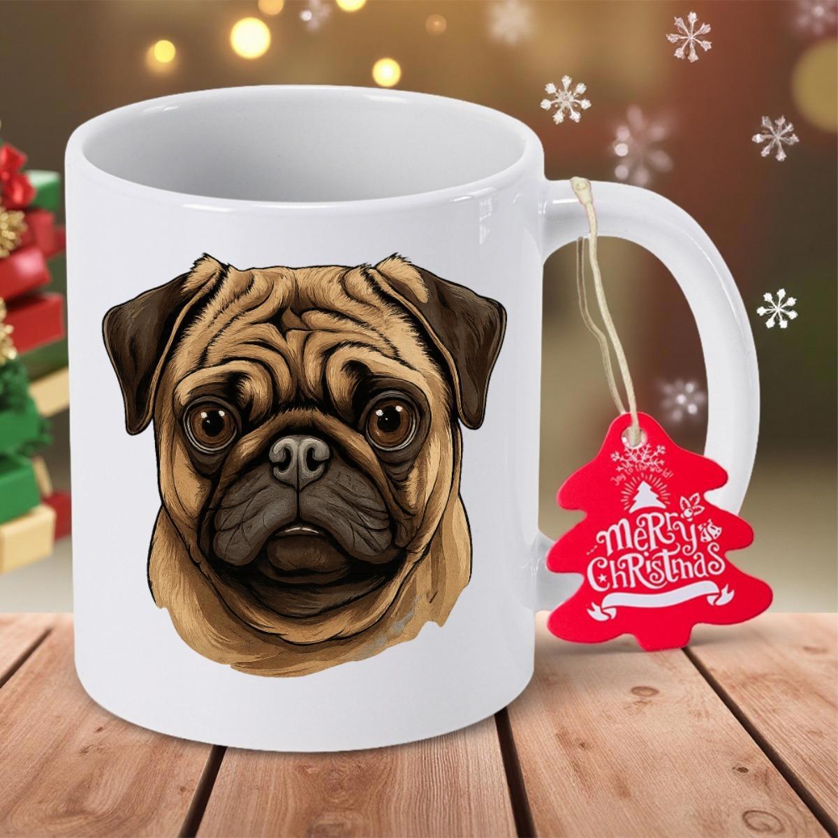 Tailorly White Ceramic 11 oz Mug - Merry Christmas Adorable Fawn Pug Face With Characteristic Wrinkles And Soulful Eyes Pug