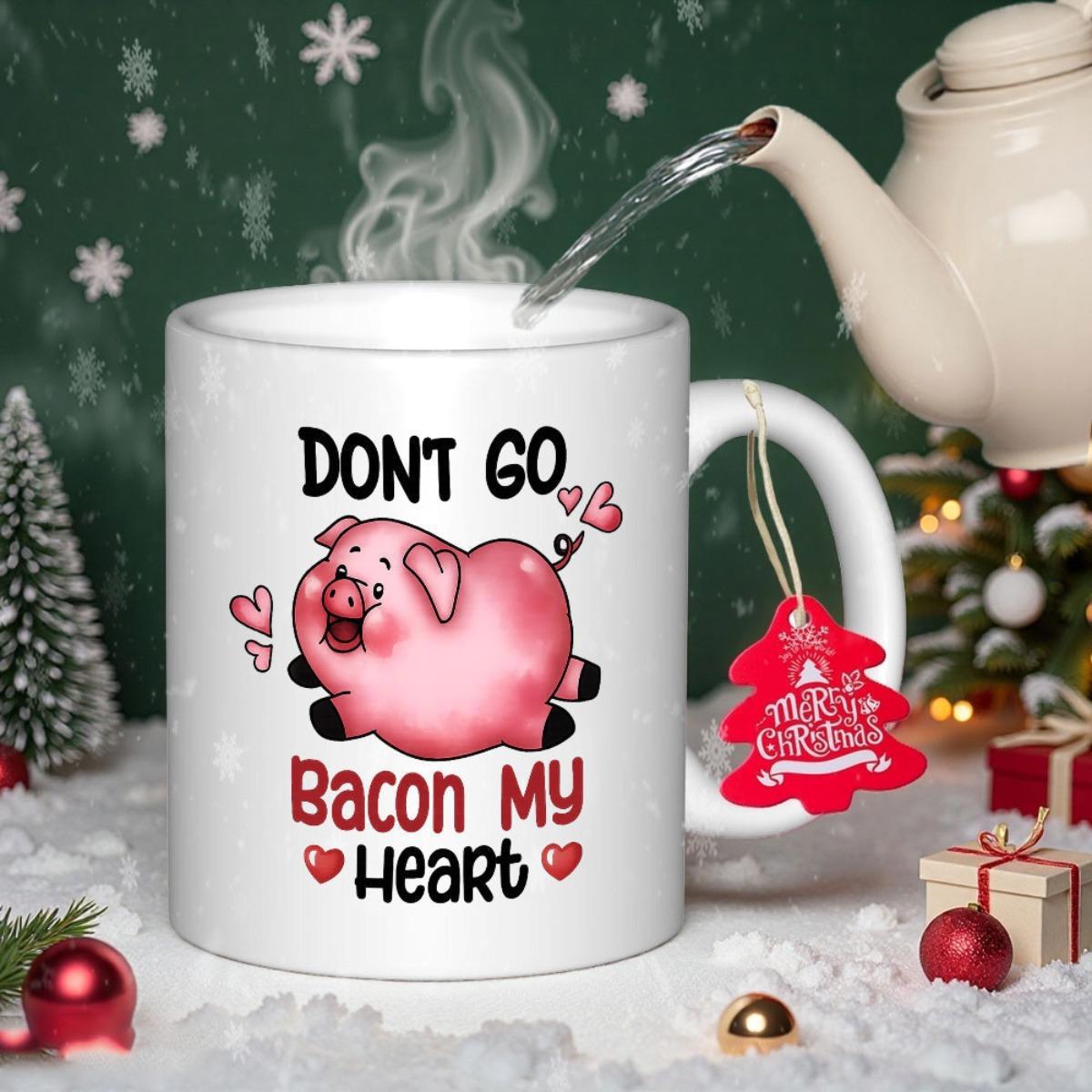 Tailorly White Ceramic 11 oz Mug - Dont Go Bacon My Heart Adorable Pink Cartoon Pig Surrounded By Floating Hearts In Snowy Setting Pig