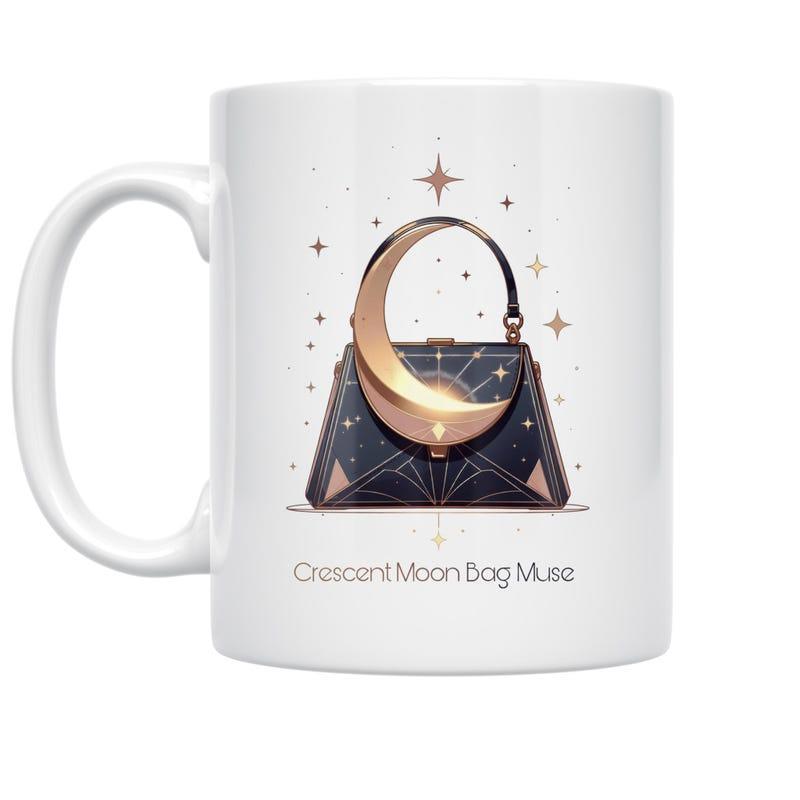 Tailorly White Ceramic 11 oz Mug - Crescent Moon Bag Muse Mystical Gold Moon Glowing Among Sparkling Stars On Dark Midnight Handbag