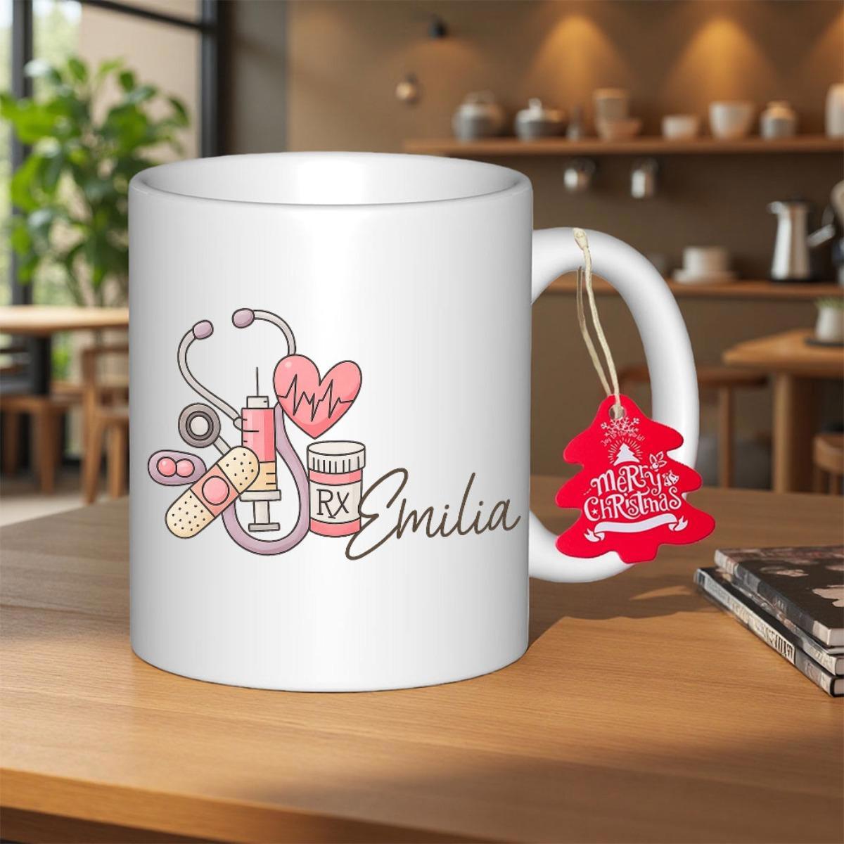 Tailorly White Ceramic 11 oz Mug - Emilia Professional Medical Icons Featuring Stethoscope Heart And Bandage For Nurses Healthcare