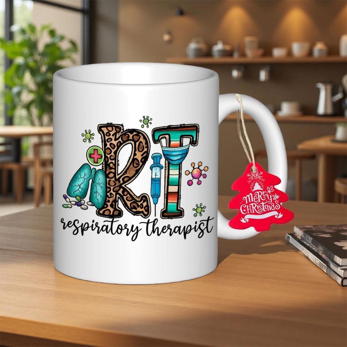 Tailorly White Ceramic 11 oz Mug - RT Respiratory Therapist Leopard Print Textures Featuring Medical Syringe And Detailed Anatomy Lungs Design