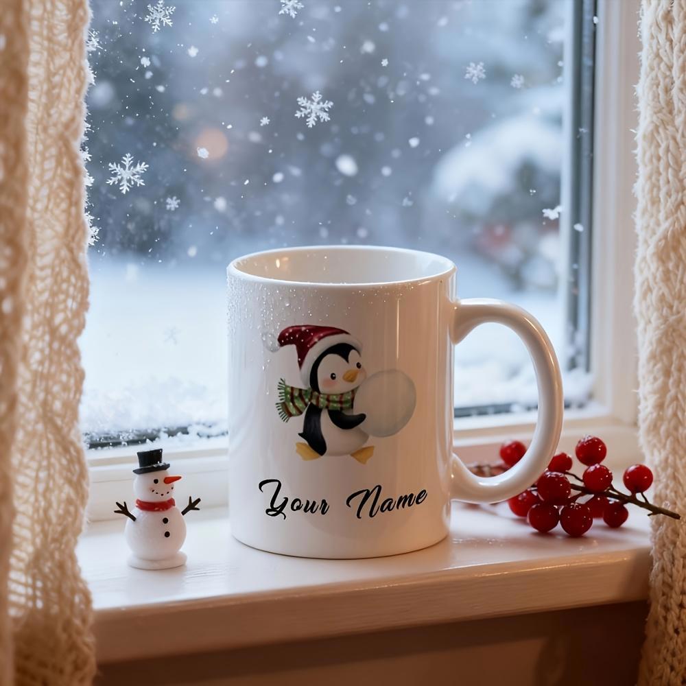 Tailorly White Ceramic 11 oz Mug - Your Name Festive Little Bird Wearing A Red Santa Hat And Scarf Penguin