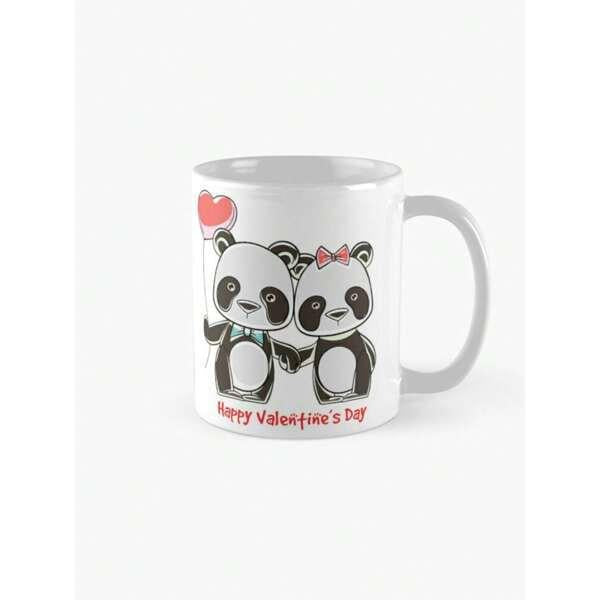 Tailorly White Ceramic 11 oz Mug - Happy Valentine's Day Two Cute Cartoon Pandas Holding Hands Under Red Heart Balloon Panda