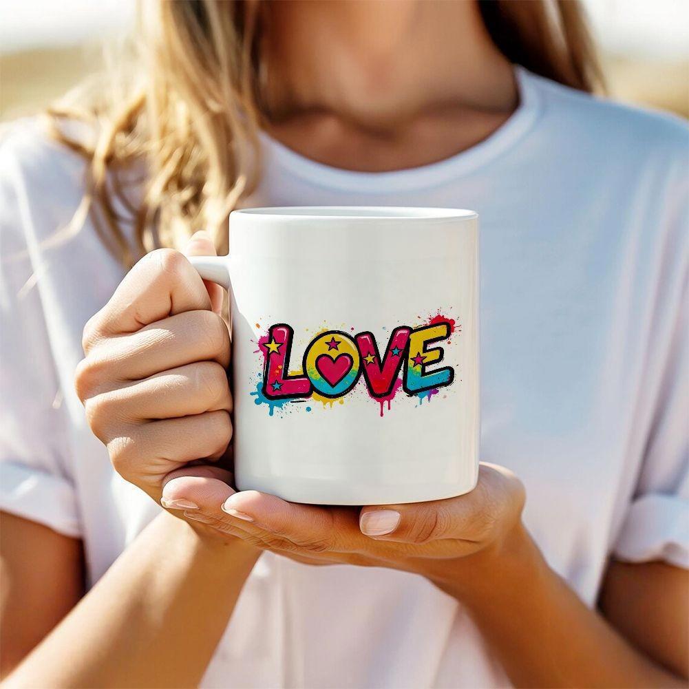Tailorly White Ceramic 11 oz Mug - Love Vibrant Colorful Graffiti Style Artistic Pattern With Paint Splatters Mug