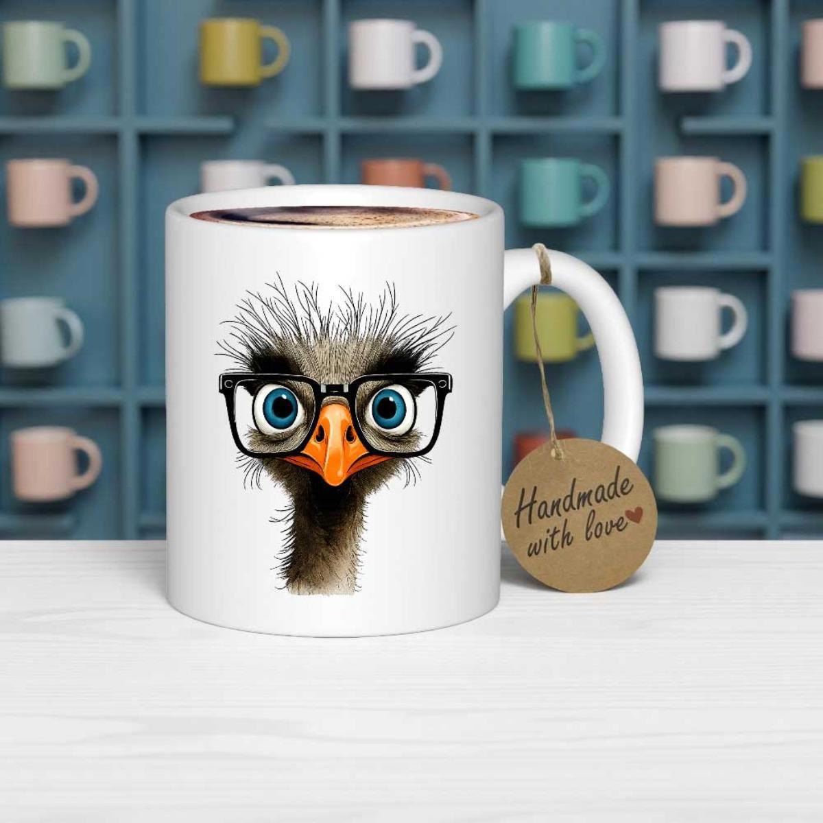 Tailorly White Ceramic 11 oz Mug - Handmade With Love Funny Cartoon Bird Wearing Black Glasses With Wild Messy Feathers Ostrich