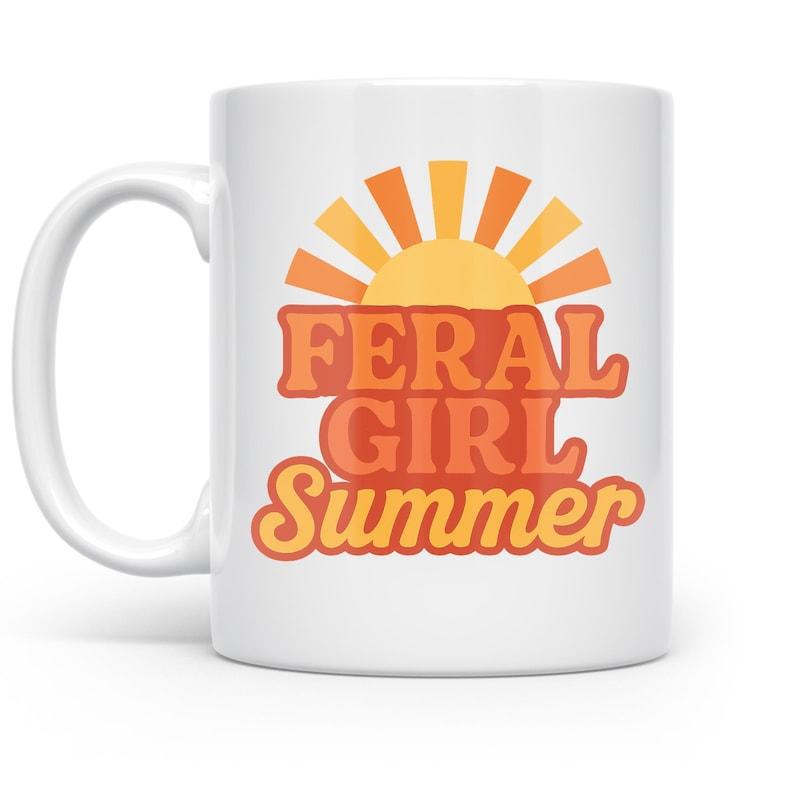 Tailorly White Ceramic 11 oz Mug - Feral Girl Summer Retro Style Radiant Rising Sunset With Vibrant Orange Rays Abstract Sun