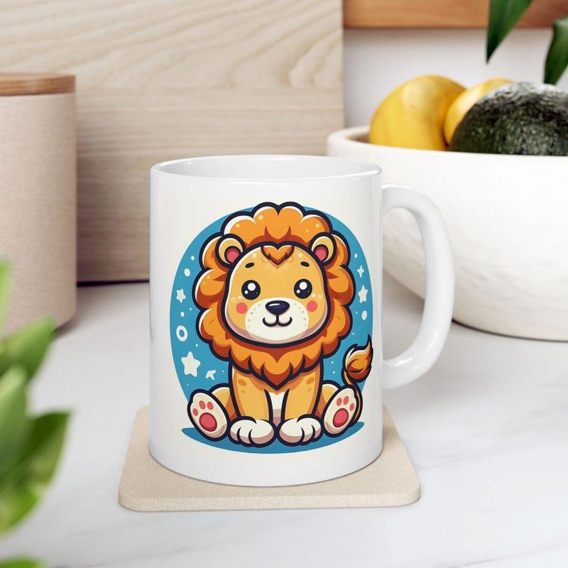 Tailorly White Ceramic 11 oz Mug - Adorable Little Character Sitting Amidst Small White Stars Within Blue Circle Lion