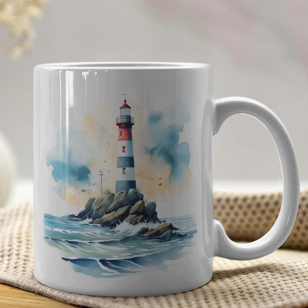 Tailorly White Ceramic 11 oz Mug - Watercolor Style Lighthouse Standing Upon Rugged Rocks Amidst Crashing Blue Sea Lighthouse