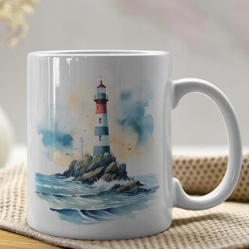 Tailorly White Ceramic 11 oz Mug - Watercolor Style Lighthouse Standing Upon Rugged Rocks Amidst Crashing Blue Sea Lighthouse
