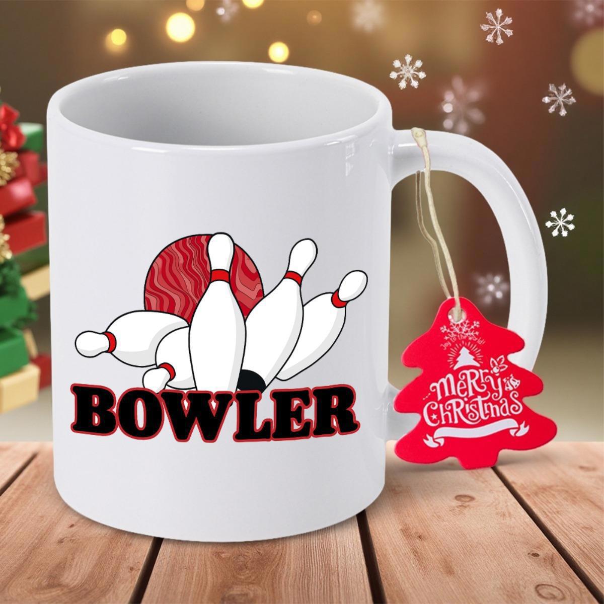 Tailorly White Ceramic 11 oz Mug - Bowler Merry Christmas Vibrant Red Bowling Ball Striking White Pins With Red Stripes Bowling Pins