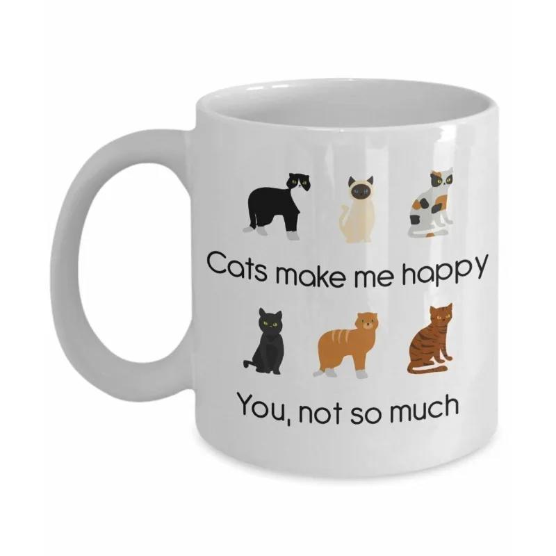 Tailorly White Ceramic 11 oz Mug - Cats Make Me Happy You Not So Much Diverse Playful Felines In Various Colors Arranged In Neatly Organized Rows Cat