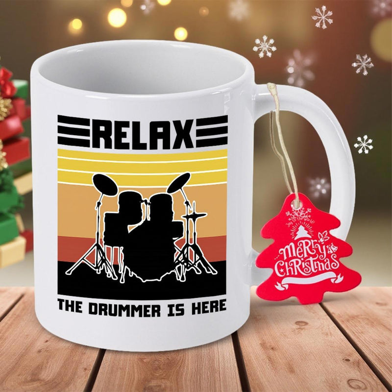Tailorly White Ceramic 11 oz Mug - Relax The Drummer Is Here Vintage Retro Sunset Silhouette With Horizontal Stripes And Musical Rhythm Drum