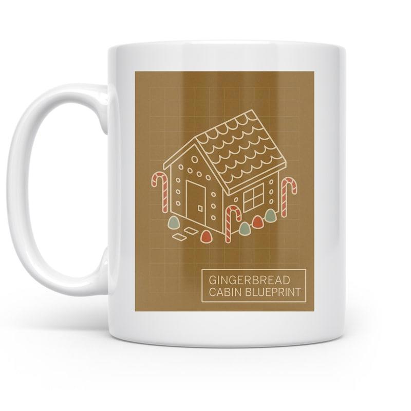 Tailorly White Ceramic 11 oz Mug - Gingerbread Cabin Blueprint Minimalist Line Art Sketching A Festive Holiday Gingerbread House Layout Cabin