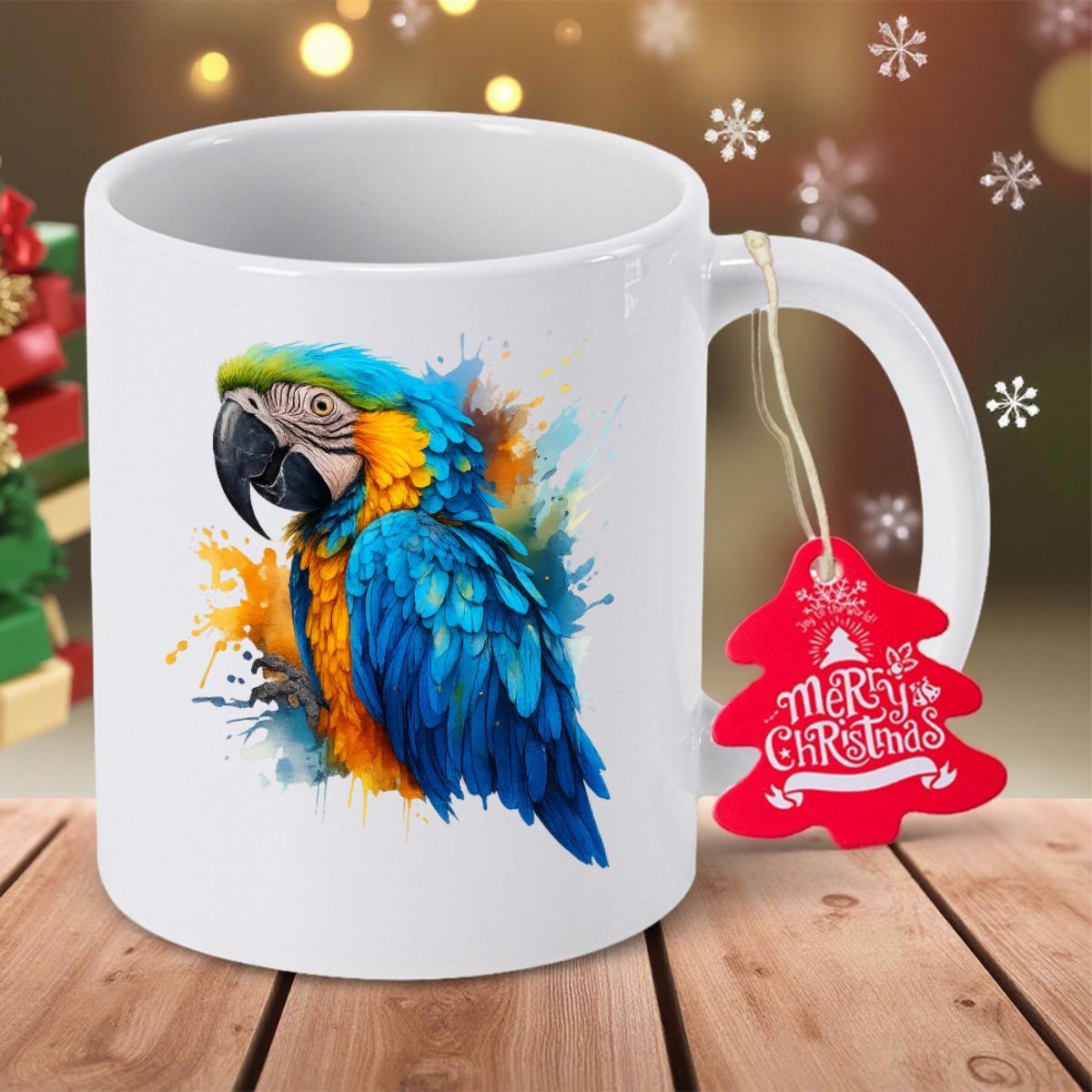 Tailorly White Ceramic 11 oz Mug - Merry Christmas Vibrant Watercolor Illustration Featuring A Tropical Blue And Gold Macaw Parrot