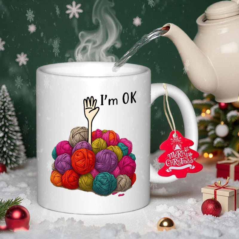 Tailorly White Ceramic 11 oz Mug - Im OK Colorful Pile Of Yarn Balls With A Small Hand Reaching Upward Yarn