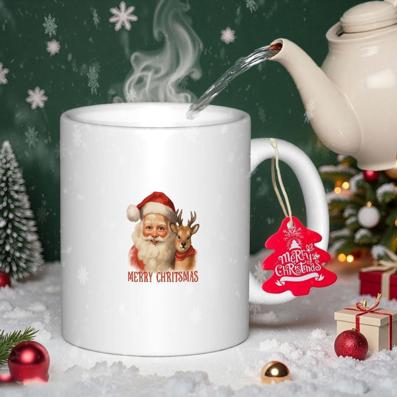 Tailorly White Ceramic 11 oz Mug - Merry Christmas Vintage Portrait Of Santa Claus And Reindeer Amidst Snowy Holiday Scene Santa
