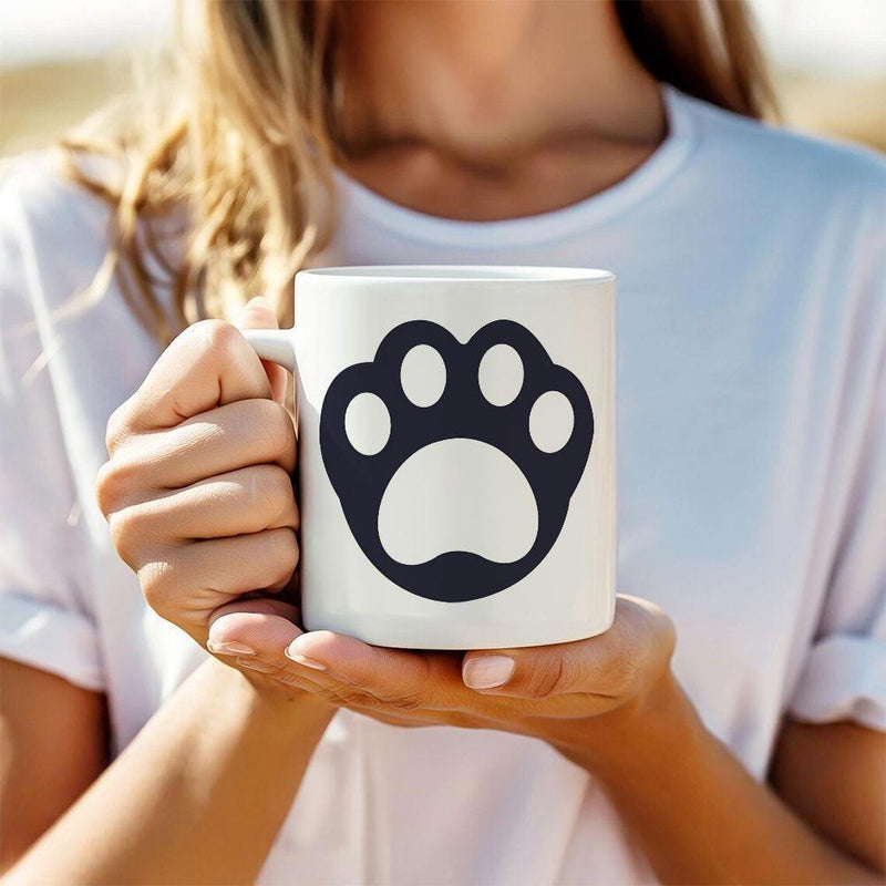 Tailorly White Ceramic 11 oz Mug - Minimalist Solid Black Design With Symmetrical Toes And Curved Sole Paw