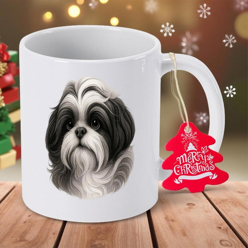 Tailorly White Ceramic 11 oz Mug - Merry Christmas Realistic Fluffy Long Haired Black And White Portrait Dog
