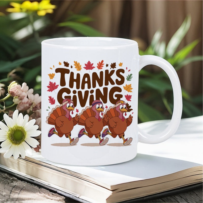 Tailorly White Ceramic 11 oz Mug - Thanks Giving Three Playful Cartoon Turkeys Striding Among Falling Autumn Leaves Turkey