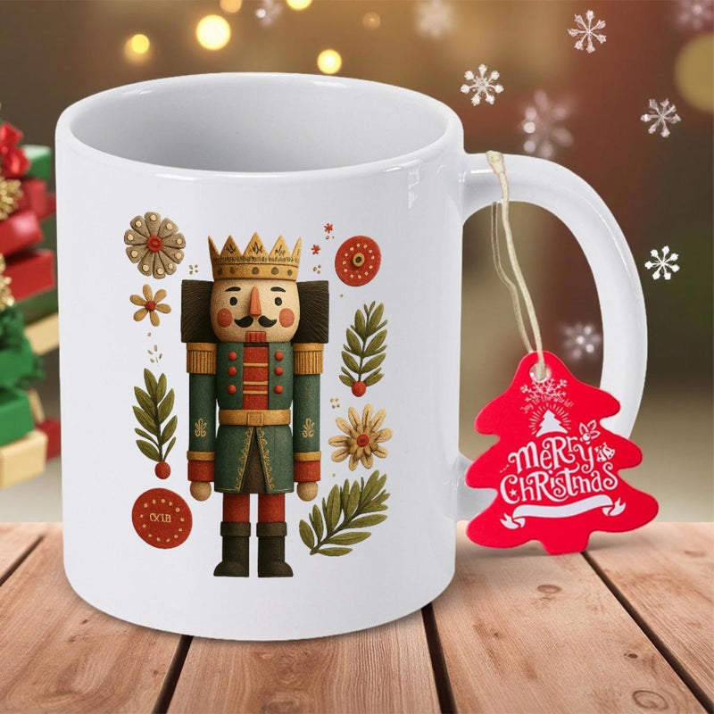 Tailorly White Ceramic 11 oz Mug - Merry Christmas Festive Soldier Standing Amidst Winter Foliage With Golden Crown And Snowflakes Nutcracker