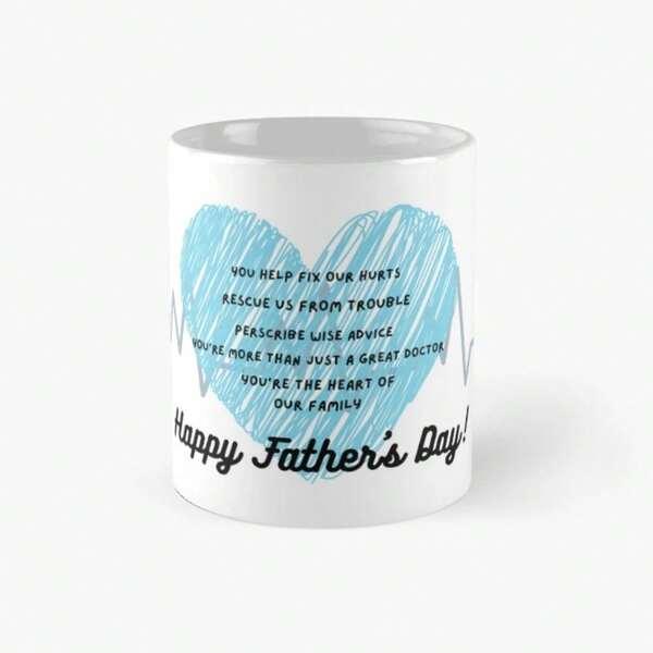 Tailorly White Ceramic 11 oz Mug - Happy Father's Day Hand Drawn Blue Scribbled Heart With Vital Heartbeat Line Pulses Medical Doctor Heart