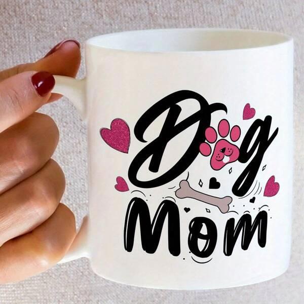 Tailorly White Ceramic 11 oz Mug - Dog Mom Playful Pink Paw Prints And Hearts With A Small Bone Mug