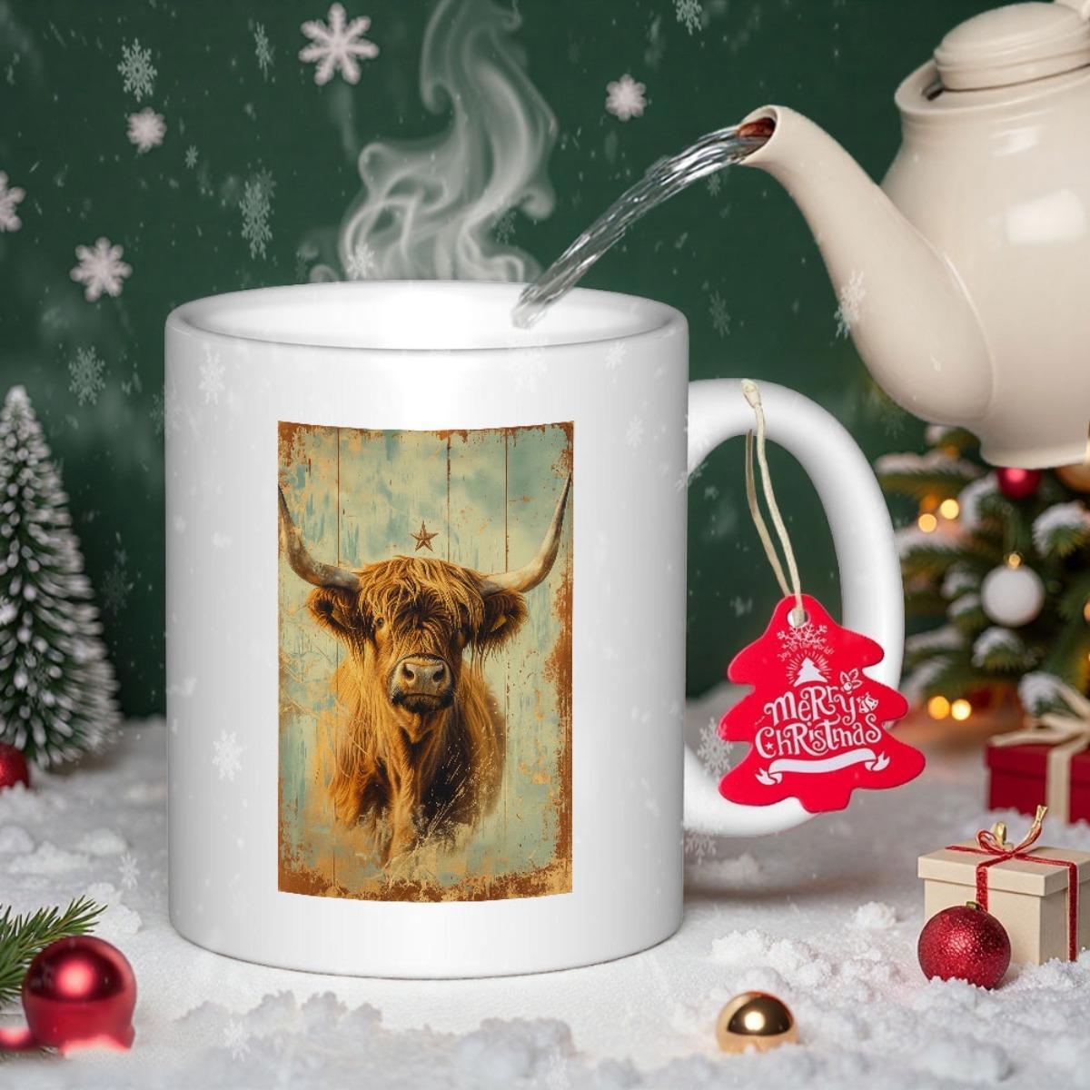 Tailorly White Ceramic 11 oz Mug - Merry Christmas Shaggy Brown Animal With Sharp Horns Standing In Golden Sunlight Painting Cow