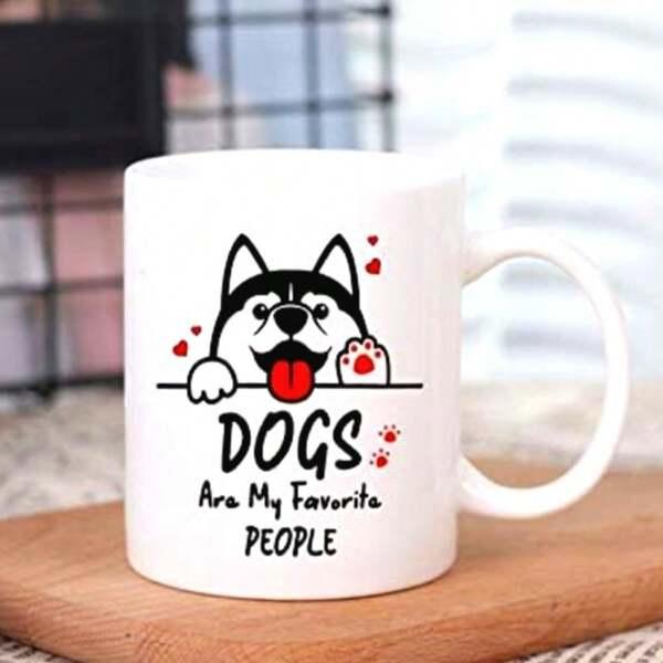 Tailorly White Ceramic 11 oz Mug - Dogs Are My Favorite People Adorable Peeking Husky Surrounded By Tiny Red Hearts And Paws Dog