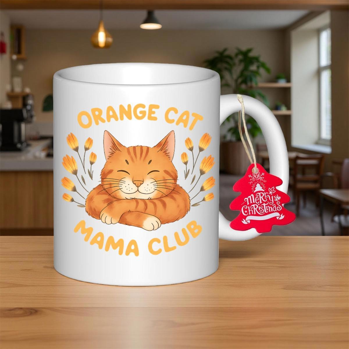 Tailorly White Ceramic 11 oz Mug - Orange Cat Mama Club Cute Smiling Orange Tabby Resting Peacefully Among Small Delicate Yellow Flowers Cat