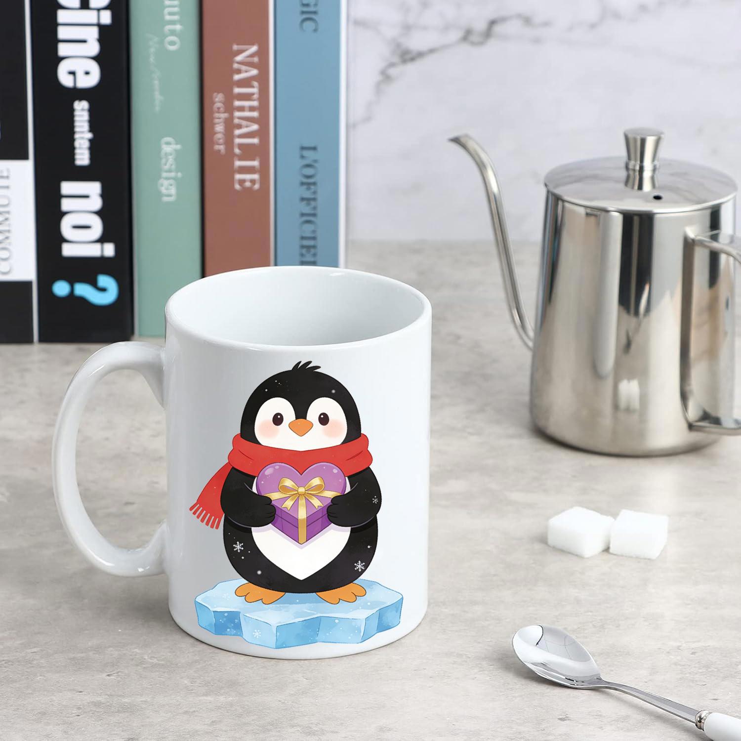 Tailorly White Ceramic 11 oz Mug - Chubby Cartoon Penguin Wearing Red Scarf Standing On Floating Blue Ice Block Penguin