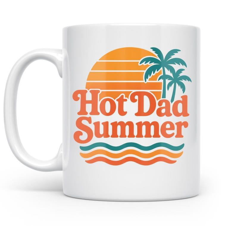 Tailorly White Ceramic 11 oz Mug - Hot Dad Summer Retro Vibrant Sunset Behind Tropical Waves And Tall Palm Trees
