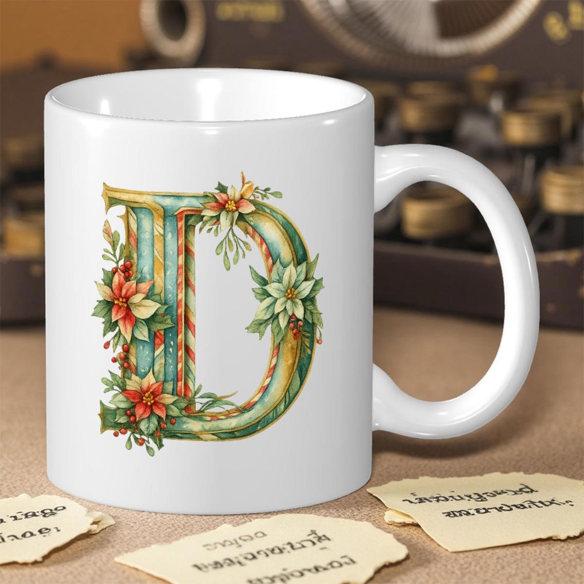 Tailorly White Ceramic 11 oz Mug - D Ornate Vintage Stripes Decorated With Poinsettias And Delicate Green Leaves Letter