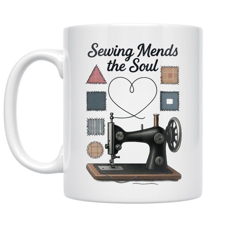 Tailorly White Ceramic 11 oz Mug - Sewing Mends The Soul Vintage Black Iron Machine With Fabric Swatches And Thread Heart Sewing Machine
