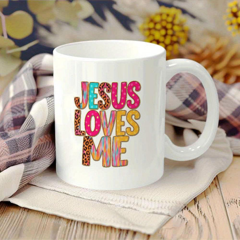 Tailorly White Ceramic 11 oz Mug - Jesus Loves Me Colorful Artistic Pattern Filled Letters On A Smooth Surface Ceramic Mug