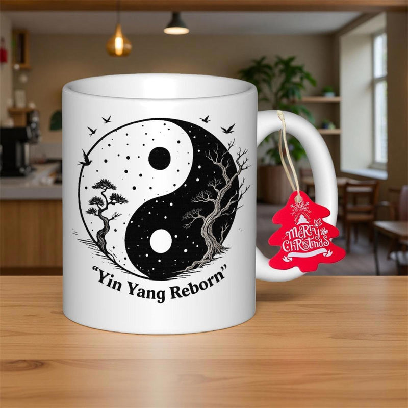 Tailorly White Ceramic 11 oz Mug - Yin Yang Reborn Stylized Yin Yang Symbol With Ancient Bonsai And Winter Tree Birds Mug