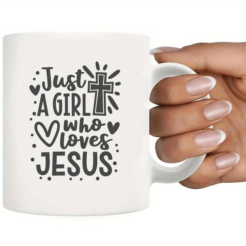 Tailorly White Ceramic 11 oz Mug - Just A Girl Who Loves Jesus Inspirational Religious Pattern With Stylized Cross And Hand Drawn Hearts Cross