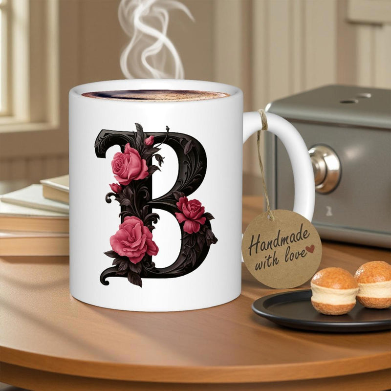 Tailorly White Ceramic 11 oz Mug - Handmade With Love Ornate Black Initial Intertwined With Romantic Pink Roses Letter