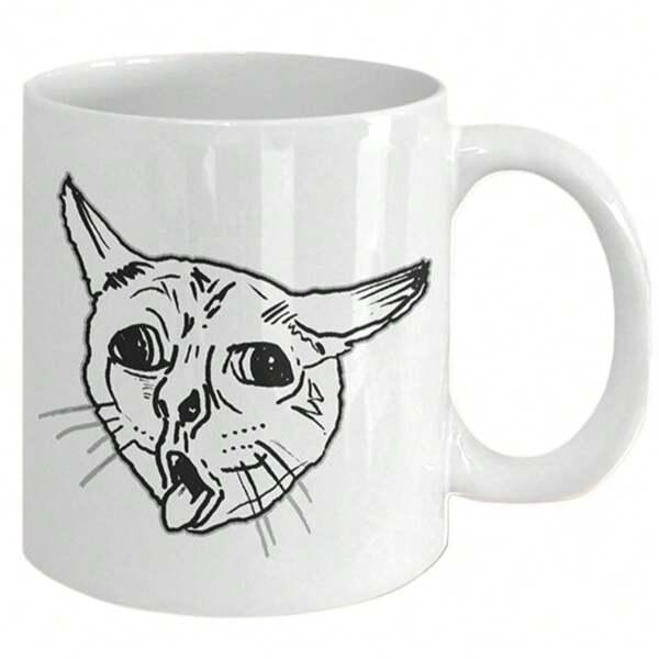 Tailorly White Ceramic 11 oz Mug - Funny Hand Drawn Line Art Illustration Of A Coughing Meme Cat