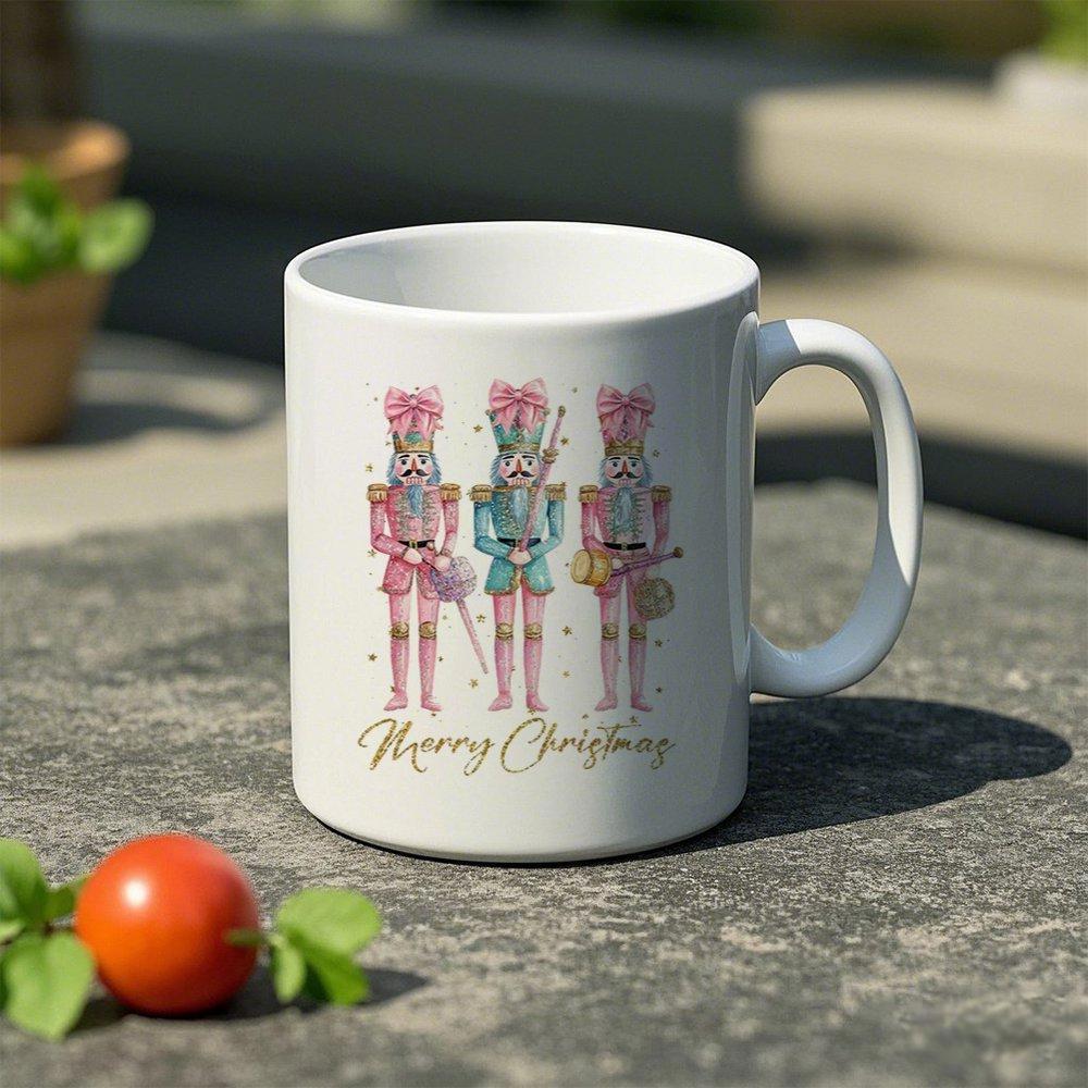 Tailorly White Ceramic 11 oz Mug - Merry Christmas Three Elegant Pastel Figures Wearing Pink Bows In Watercolor Style Nutcracker