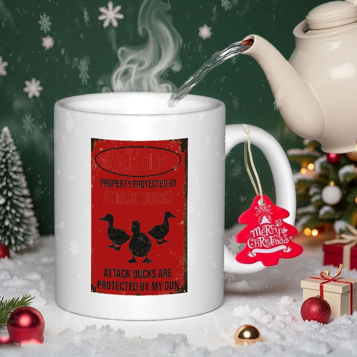 Tailorly White Ceramic 11 oz Mug - My Duck Is Cool And Protected By My Son Three Black Silhouetted Ducks Resting On A Vibrant Red Background Duck