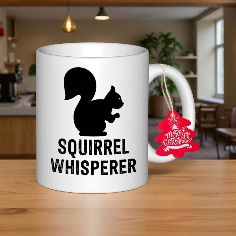 Tailorly White Ceramic 11 oz Mug - Squirrel Whisperer Merry Christmas Solid Black Silhouette Sitting Alertly Among Minimalistic Nature Inspired Squirrel
