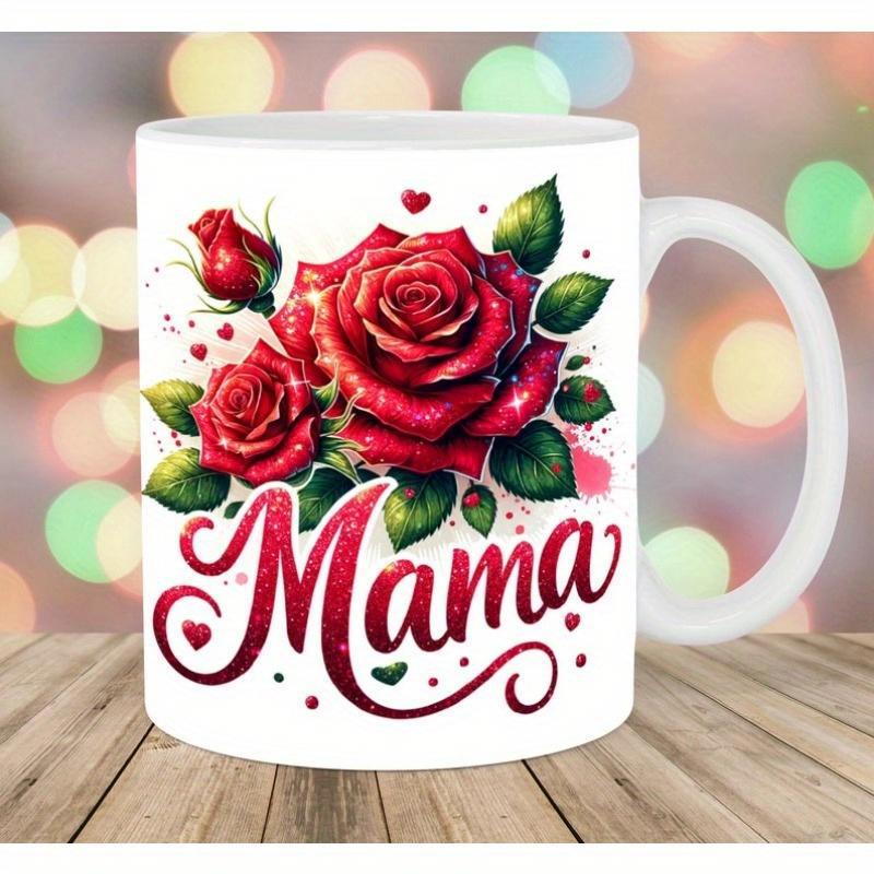 Tailorly White Ceramic 11 oz Mug - Mama Vibrant Blooming Red Garden With Delicate Green Leaves And Small Hearts Rose