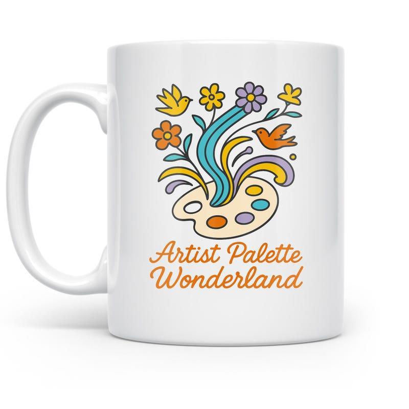Tailorly White Ceramic 11 oz Mug - Artist Palette Wonderland Vibrant Retro Style With Blooming Colorful Flowers And Flying Birds Palette