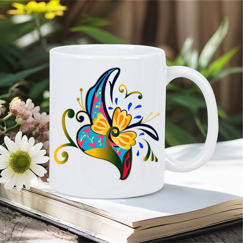 Tailorly White Ceramic 11 oz Mug - Vibrant Abstract Design With Colorful Swirls And Elegant Petals Surrounding A Stylized Flower